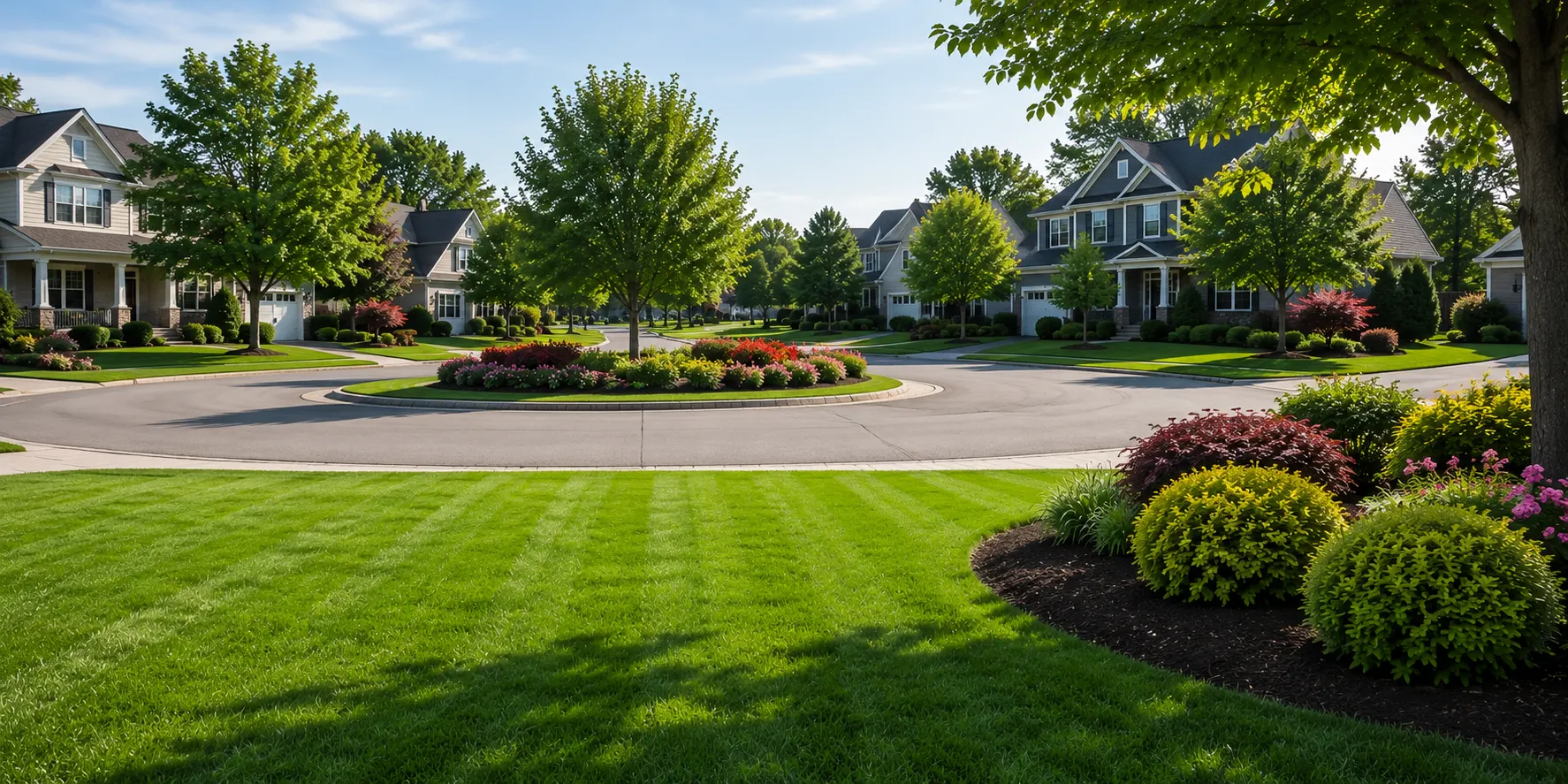 Suburban Ashburn cul-de-sac with a lush emerald lawn in the foreground, a landscaped center island of red and pink perennials, and manicured ornamental shrubs lining the curve.