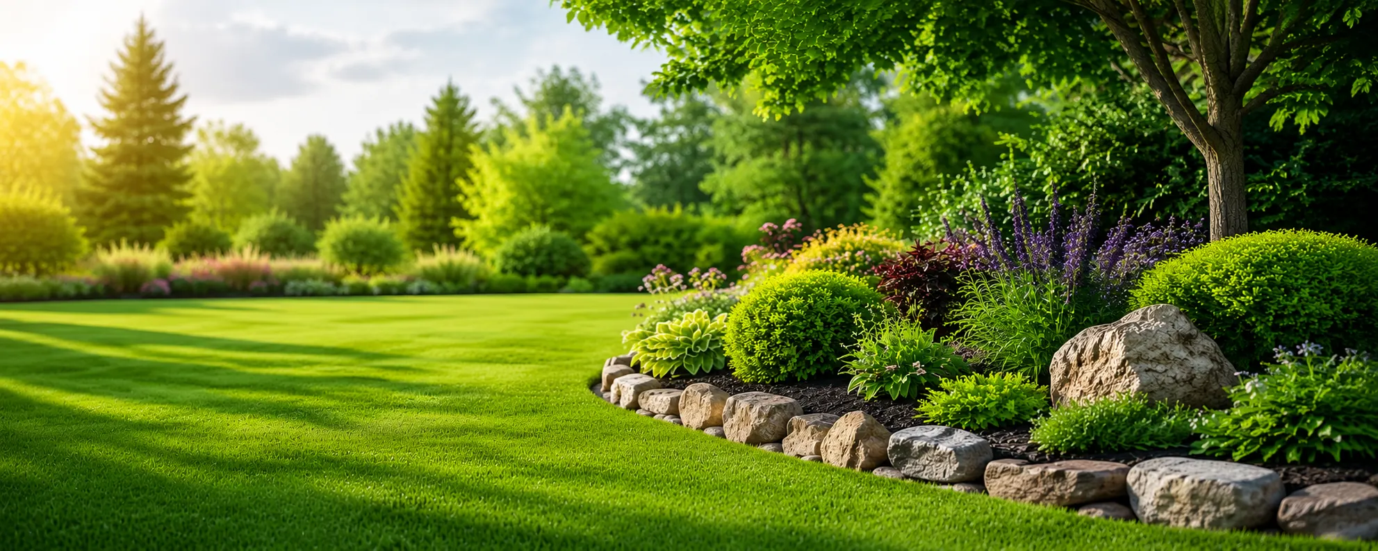 A manicured lawn with a curved stone-edged garden bed of flowering perennials and shrubs under bright trees.