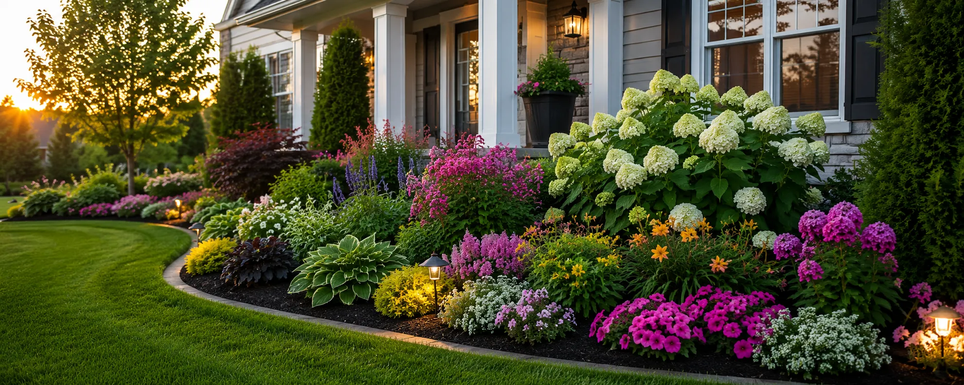 A crisp-edged flower bed with fresh mulch installed at the proper depth around mature plantings.