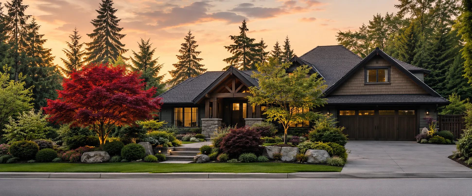An Oxen Acres property — a tidy green lawn and curved planting beds in front of a craftsman home.