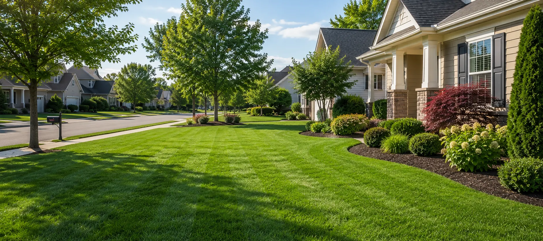 A deep green residential front lawn running to the curb, framed by mature shade trees and mulched shrub beds beside a light-sided house.
