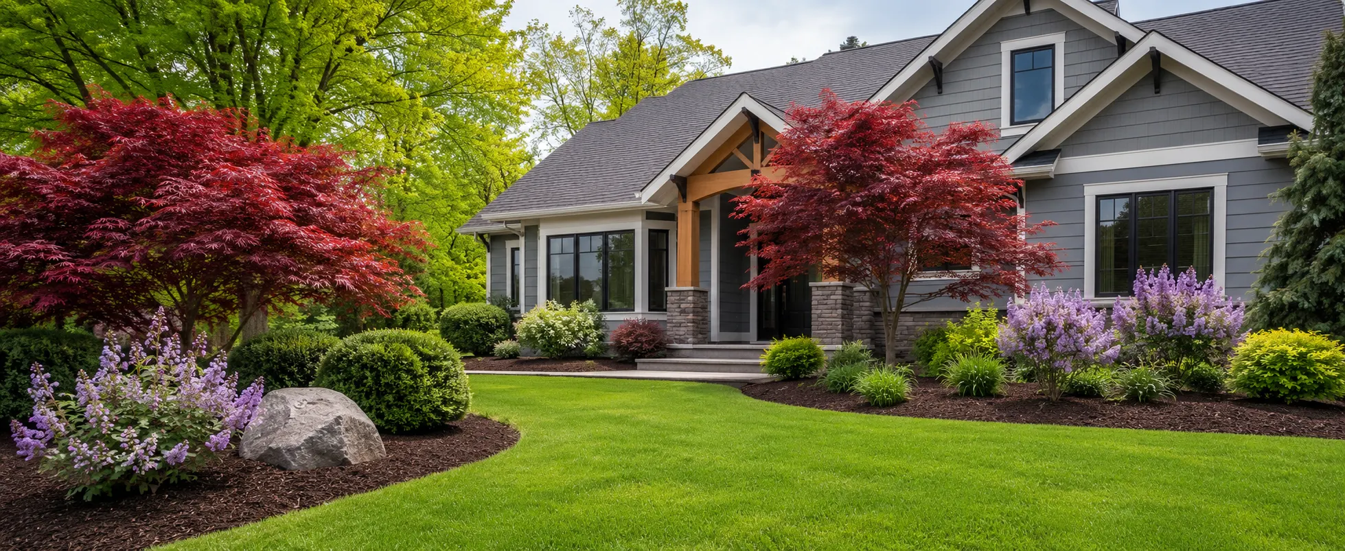 Craftsman-style home with a deep green, freshly renovated front lawn framed by Japanese maples, manicured boxwoods, and purple lilacs.