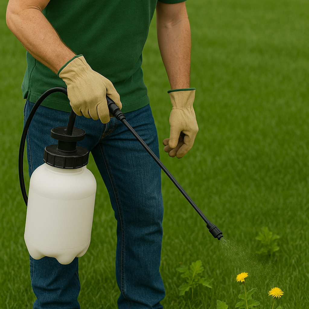 Lawn Care Professional Treats Weeds